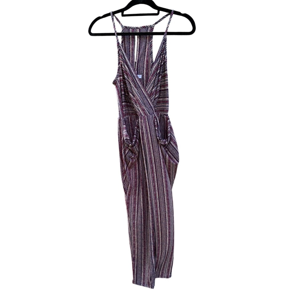 BCBGeneration Women's Sm Striped Surplice V-Neck Sleeveless Jumpsuit Purple Red - Picture 3 of 8